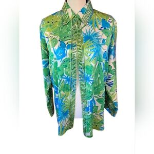 Piano Large Silk Asian Inspired Bamboo Print 1 Button Blouse Xlnt